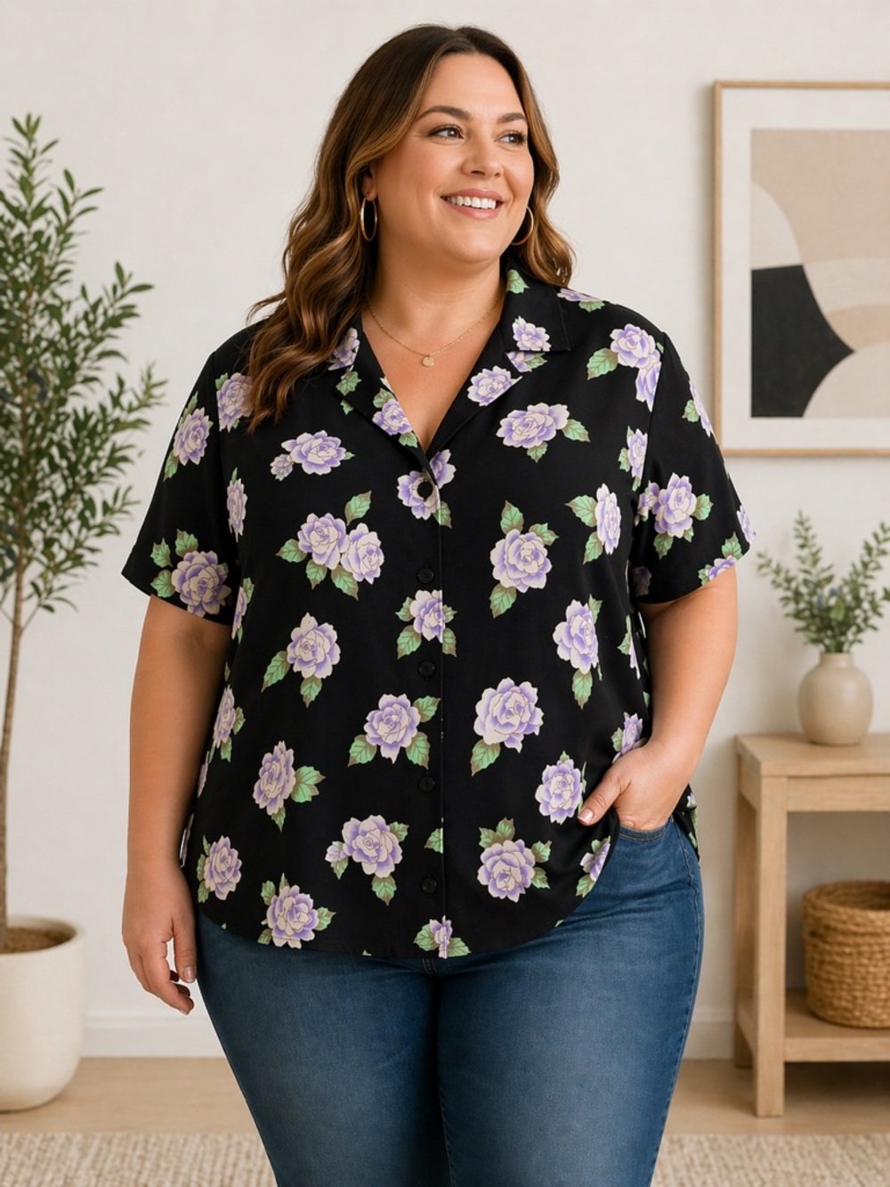 Sag Harbor Black Floral Rose Blouse Button Up Collared Vintage 2X Retro Romantic